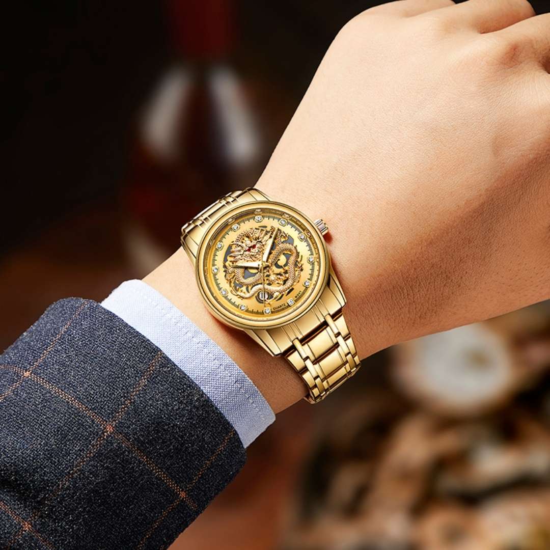 Reloj Dragón Dorado™ – Amuleto de Buena Suerte con Cristales de Circón ✨🐉